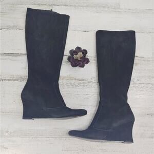 Harolds Black Leather Suede Wedge Knee High Boots Size 6